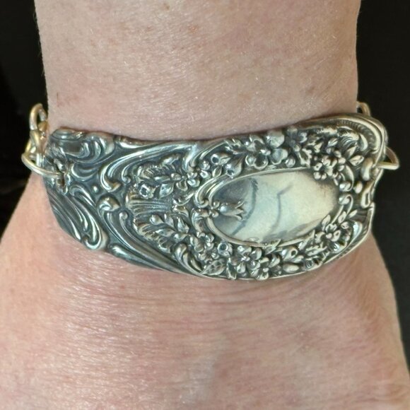 Antique Sterling Silver Cuff Bracelet 925 Victorian Gorham Floral Spoon Gift - Picture 6 of 10